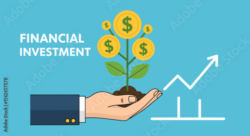 Hand holding a money tree with upward trending graph financial growth.