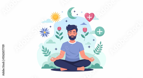 Meditating bearded man in lotus position surrounded by celestial and floral elements.