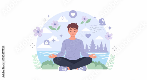 Meditating man in lotus position with nature elements and pastel colors.