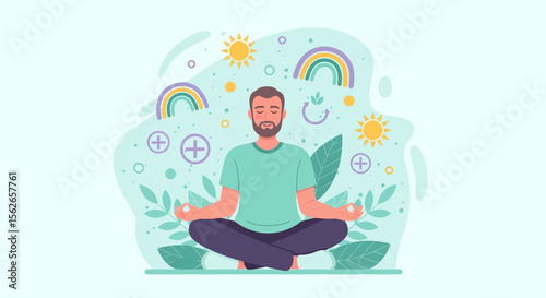 Meditating man surrounded by rainbows suns plus signs and leaves.