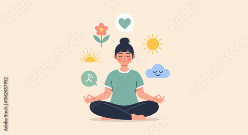 Meditating woman with flower sun heart cloud and astrology symbol icons.