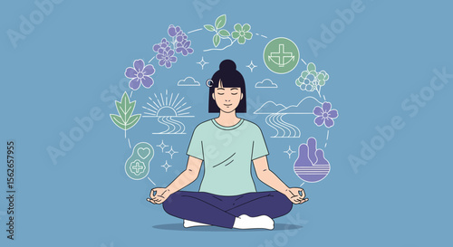 Meditating woman with symbolic nature elements in a serene peaceful pose.