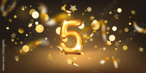 Golden balloon in the shape of the number 5, set against a dark background filled with soft bokeh lights and scattered golden stars and ribbons, creating a festive and celebratory atmosphere.
