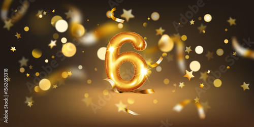 Golden balloon in the shape of the number 6, set against a dark background filled with soft bokeh lights and scattered golden stars and ribbons, creating a festive and celebratory atmosphere.