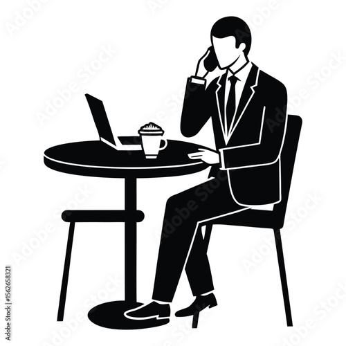 Man in formal suit using laptop and talking on phone while seated at a cafe table with cake and coffee, flat graphic style .