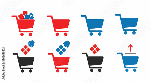 Shopping Cart Icons Set Adding Removing and Empty Carts in Red Blue and Black.