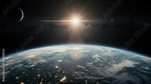 Earth from space with sun and moon in starry sky captured in high resolution with wide-angle lens