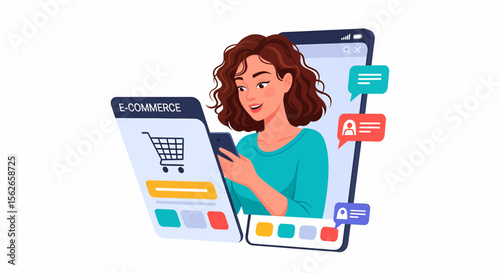 Smiling woman using mobile app for ecommerce on a smartphone.
