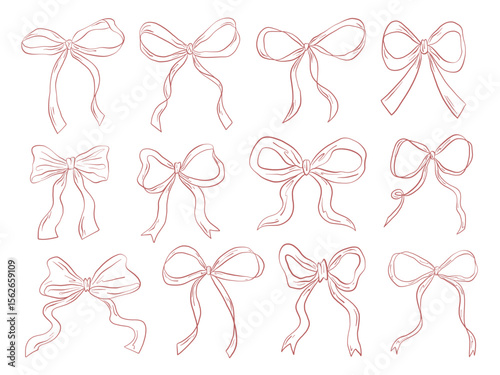 Hand Drawn Ribbon Bow Outline Collection. A charming collection of 12 hand drawn ribbon bow illustrations featuring loop and vintage contours. Perfect for festive crafts packaging and sticker design