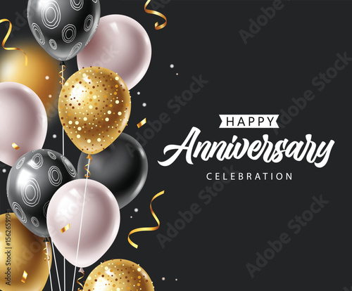 This festive artwork features luxurious balloons in black, gold, and blush tones, creating a glamorous mood for anniversaries and formal celebrations. Perfect for all design needs.