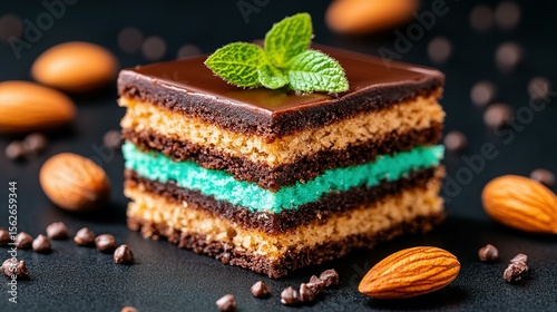 Close-up of a decadent chocolate and teal cake slice.