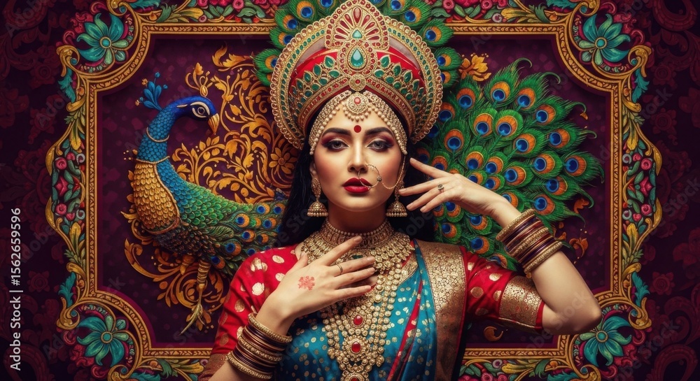 Fototapeta premium Regal Indian woman adorned in vibrant traditional attire posing elegantly with a peacock motif background