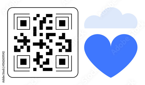 QR code beside cloud and blue heart icon, suggesting themes of digital connection, cloud storage, sharing, social interaction, emotional support, modern technology, simple landing page