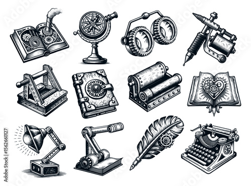 Set of 12 black & white steampunk-style illustrations of mechanical objects like books with gears, compass, goggles, tattoo machine, printing press, lamp, quill, typewriter & more.