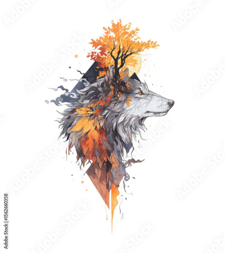 A majestic wolf silhouette emerges from vibrant autumn foliage. blending seamlessly with a fiery orange tree. capturing the essence of nature's beauty and wildlife in a serene landscape