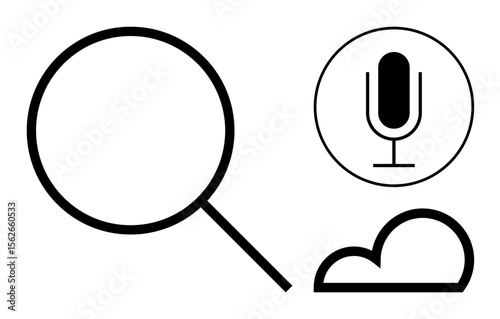 Magnifying glass, microphone, and cloud representing search, voice technology, and cloud computing. Ideal for technology, innovation, accessibility, digital transformation communication networking