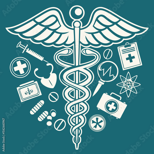 Medical symbol caduceus with healthcare icons clean vector illustration