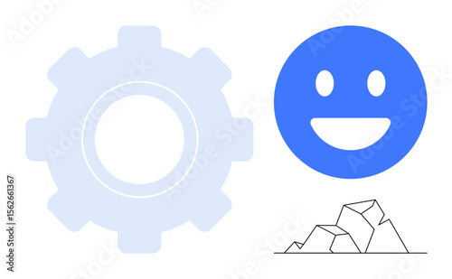 Gear mechanism, smiling blue face, and geometric rocks emphasize creativity, technology, and innovation. Ideal for teamwork, engineering, workflow, problem solving success collaboration simple
