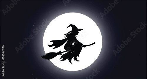 Silhouette of a witch flying on broomstick in front of the moon for Halloween