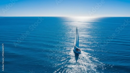 White sailboat cruising across deep blue ocean under clear sky. Travel concept