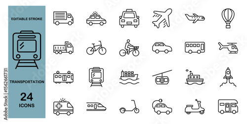 Transportation line icon set – Includes car, motorcycle, bus, ambulance, train and bicycle. Editable stroke. Vector illustration.
