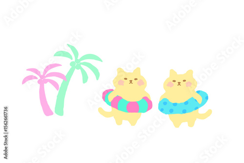 ヤシの木と浮き輪と猫の夏風景　かわいい手描きイラスト