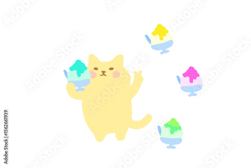かき氷を持ってピース　猫のかわいい手描きイラスト