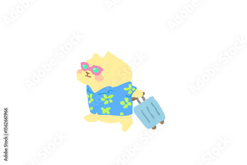 アロハシャツを着て旅行へ行く猫のかわいい手描きイラスト