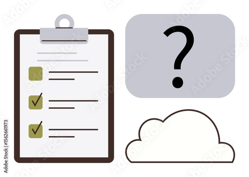 Clipboard checklist with marked tasks, large question mark in gray box, and cloud outline. Ideal for project management, productivity, problem-solving, decision-making, planning, workflow simple