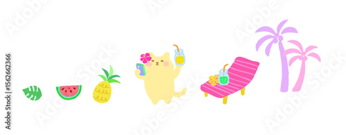 ビーチサイドで自撮りするトロピカルな猫のかわいい手描きイラスト