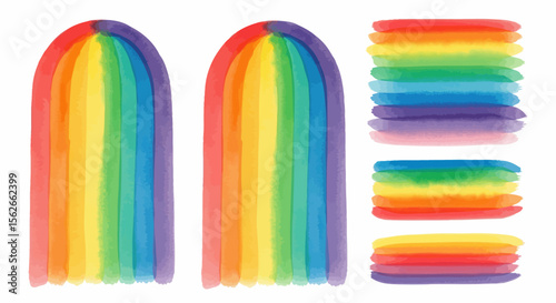 Colorful Rainbow Arcs and Stripes in Watercolor Style on White Background