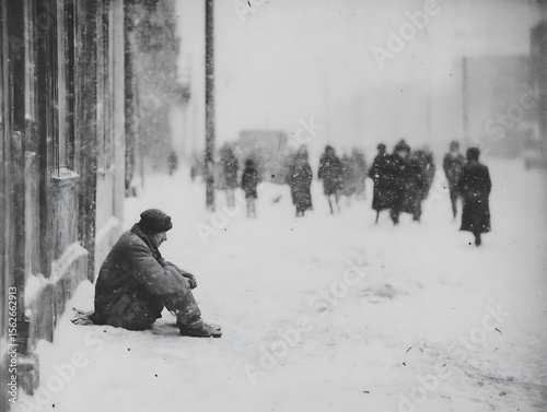 Lonely figure sitting alone on a snowy city sidewalk, with others walking by in blurred motion