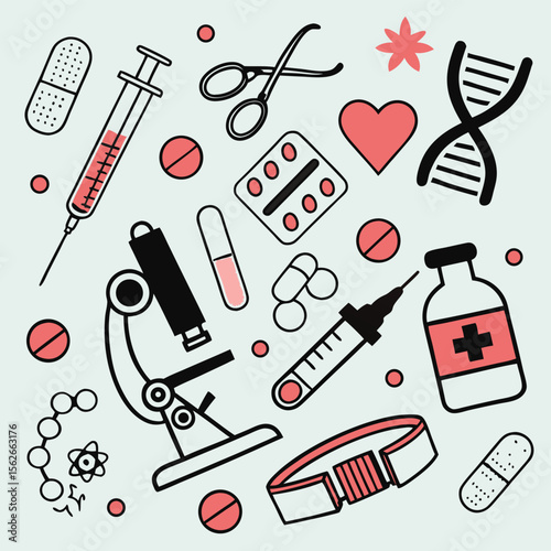 Medical tools and symbols illustration healthcare science and biology vector graphic