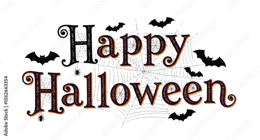 Fototapeta premium Happy Halloween message with bats and spiderweb on white background