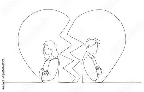 Continuous one line drawing of couple turning their backs on each other in broken heart, relationship breakdown concept, single line art