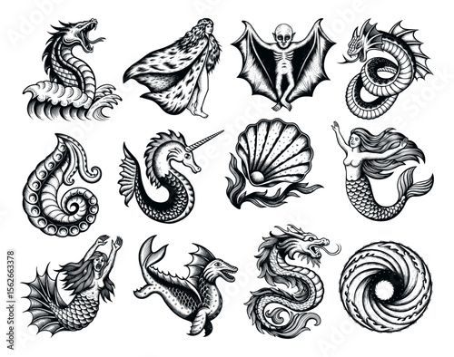 A set of 12 hand-drawn, black and white illustrations featuring mythical creatures and fantasy elements, including dragons, mermaids, a sea serpent, a unicorn seahorse, a bat, and a seashell.