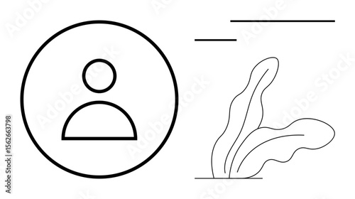 Circular user profile icon next to abstract plant silhouette and minimal geometric lines. Ideal for identity, online presence, self-expression, modernity, simplicity, aesthetics, flat metaphor