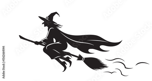 Silhouette of a witch flying on a broomstick on white background