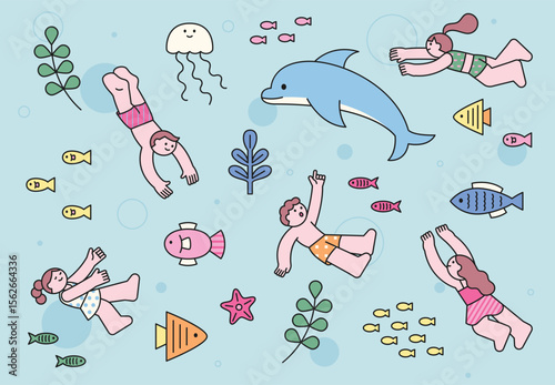 Cute children swimming underwater with fish, dolphin, jellyfish and sea plants. Adorable cartoon summer illustration for kids and ocean themes.