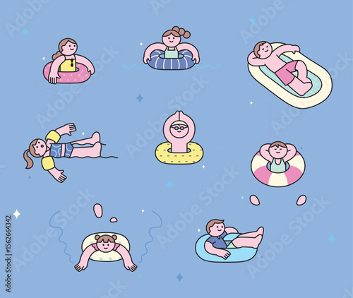 Cute cartoon people swimming and relaxing in colorful float tubes. Fun summer illustration for kids or pool-themed design.