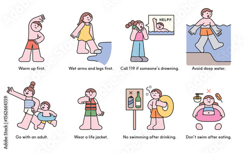 Cute cartoon illustration showing 8 swimming safety tips for kids, including warming up, using life jackets, and not swimming after eating.