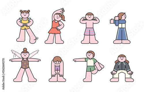 Cute cartoon illustration of kids doing warm-up exercises. Stretching arms, legs, neck, and body in various poses before sports or swimming.
