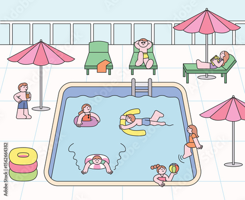 Cute illustration of kids and adults enjoying a summer day at the swimming pool, relaxing, playing, and lounging under parasols.