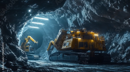 Heavy Excavators Working in Dark Underground Mining Tunnel