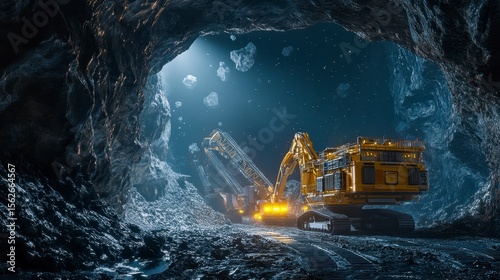 Advanced Mining Equipment Operating in Dark Cave with Asteroids