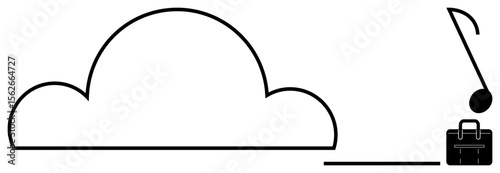 Cloud with a music note and briefcase symbolizing audio file storage, digital media archiving, productivity, and remote data sharing. Ideal for cloud storage, entertainment, collaboration