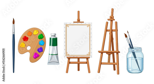 A collection of painting supplies including a palette, brushes, canvas and easels for art creation