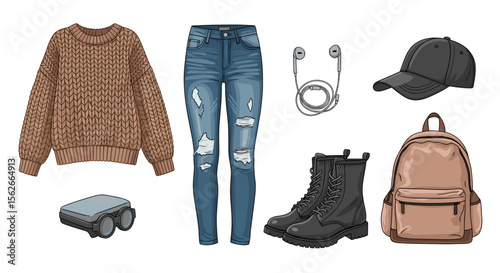 Illustration of a brown knit sweater ripped jeans headphones cap backpack boots and a portable speaker
