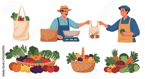 Illustration showing farmers selling fresh produce at a market with baskets and reusable bags filled up 100