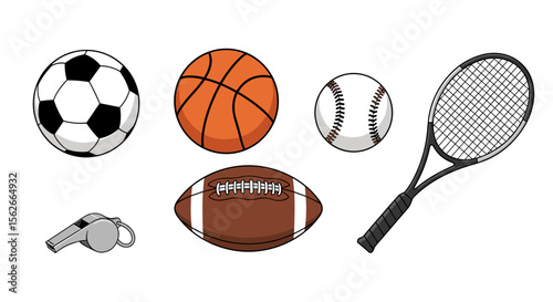 A collection of sports equipment featuring a soccer ball basketball baseball football tennis racket and whistle